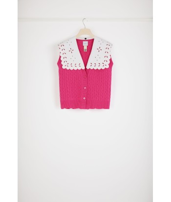 Cardigan smanicato con trecce in lana con colletto removibile soldes